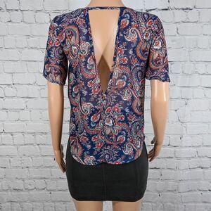 sheer navy blue paisley open back top